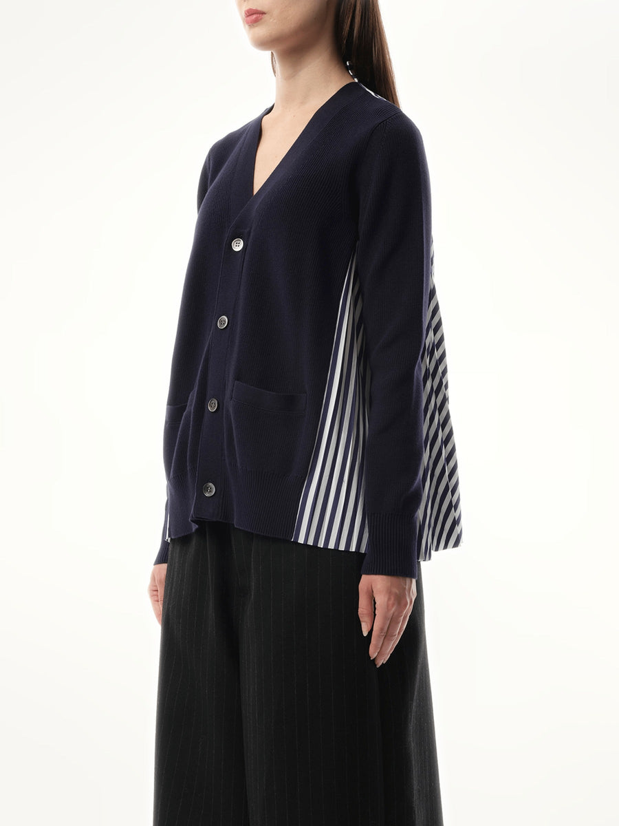 Sacai Cotton Knit x Cotton Poplin Cardigan in Navy