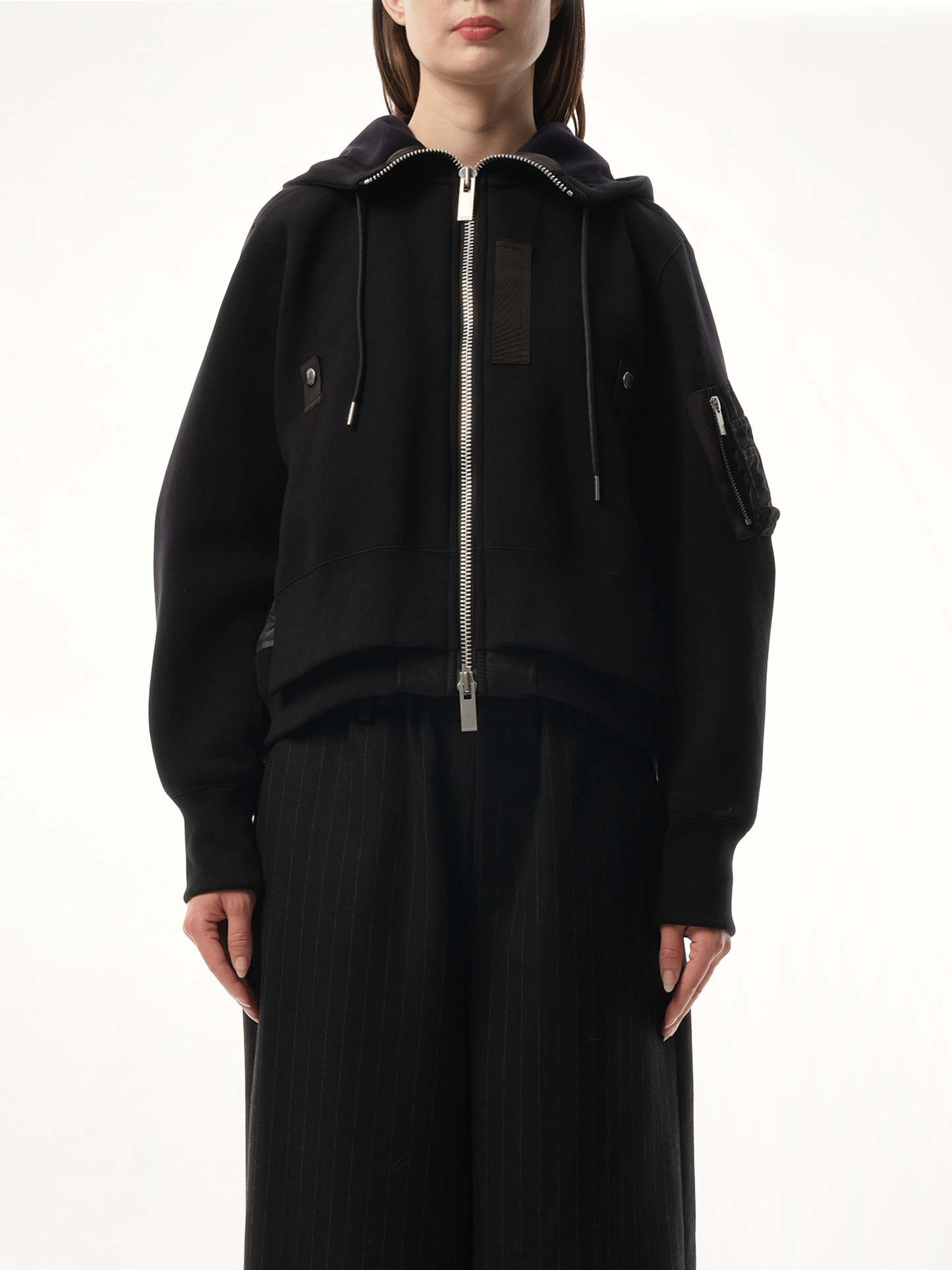 Sponge Sweat x Nylon Twill Zip Hoodie in Black