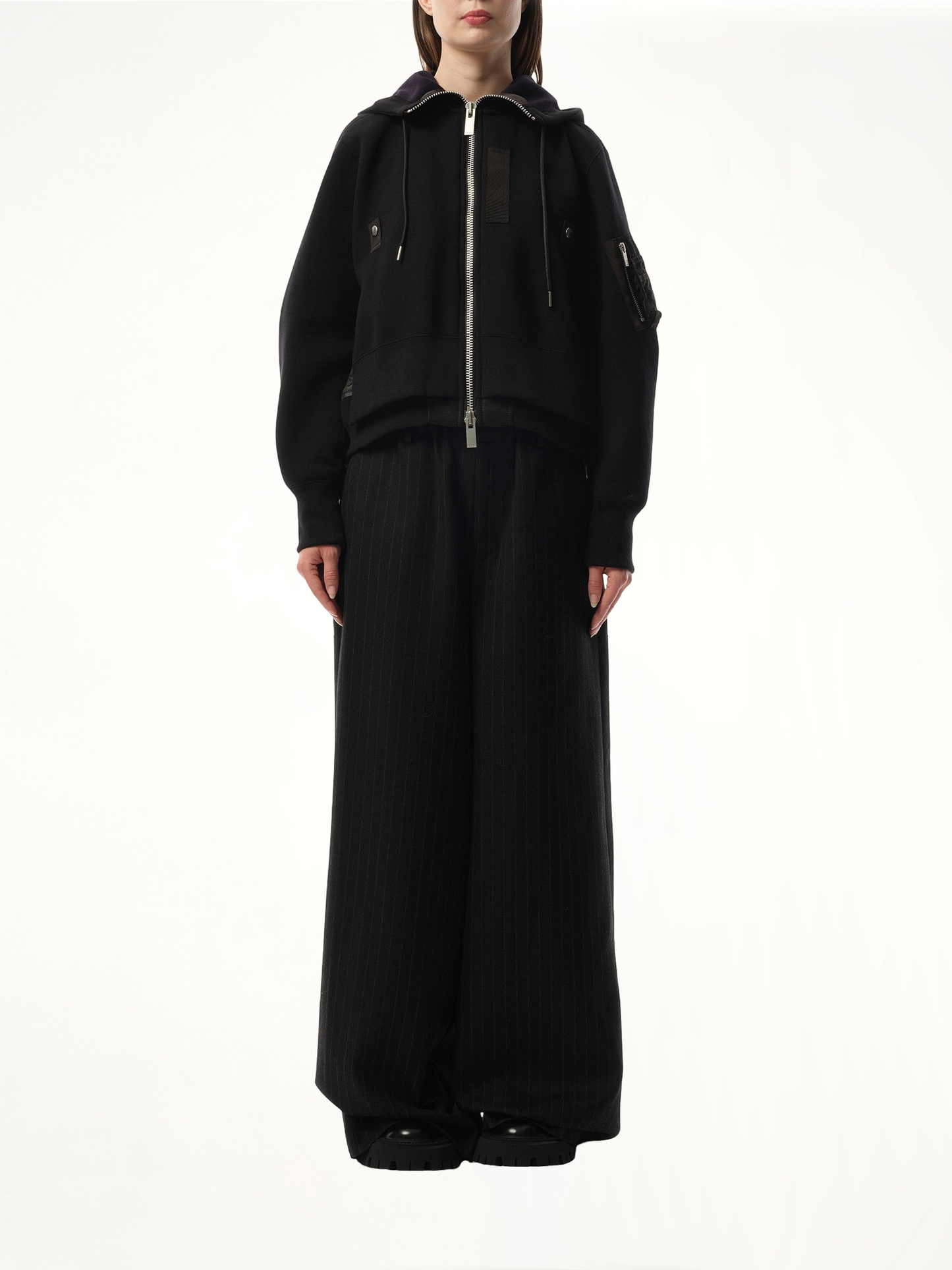 Sponge Sweat x Nylon Twill Zip Hoodie in Black