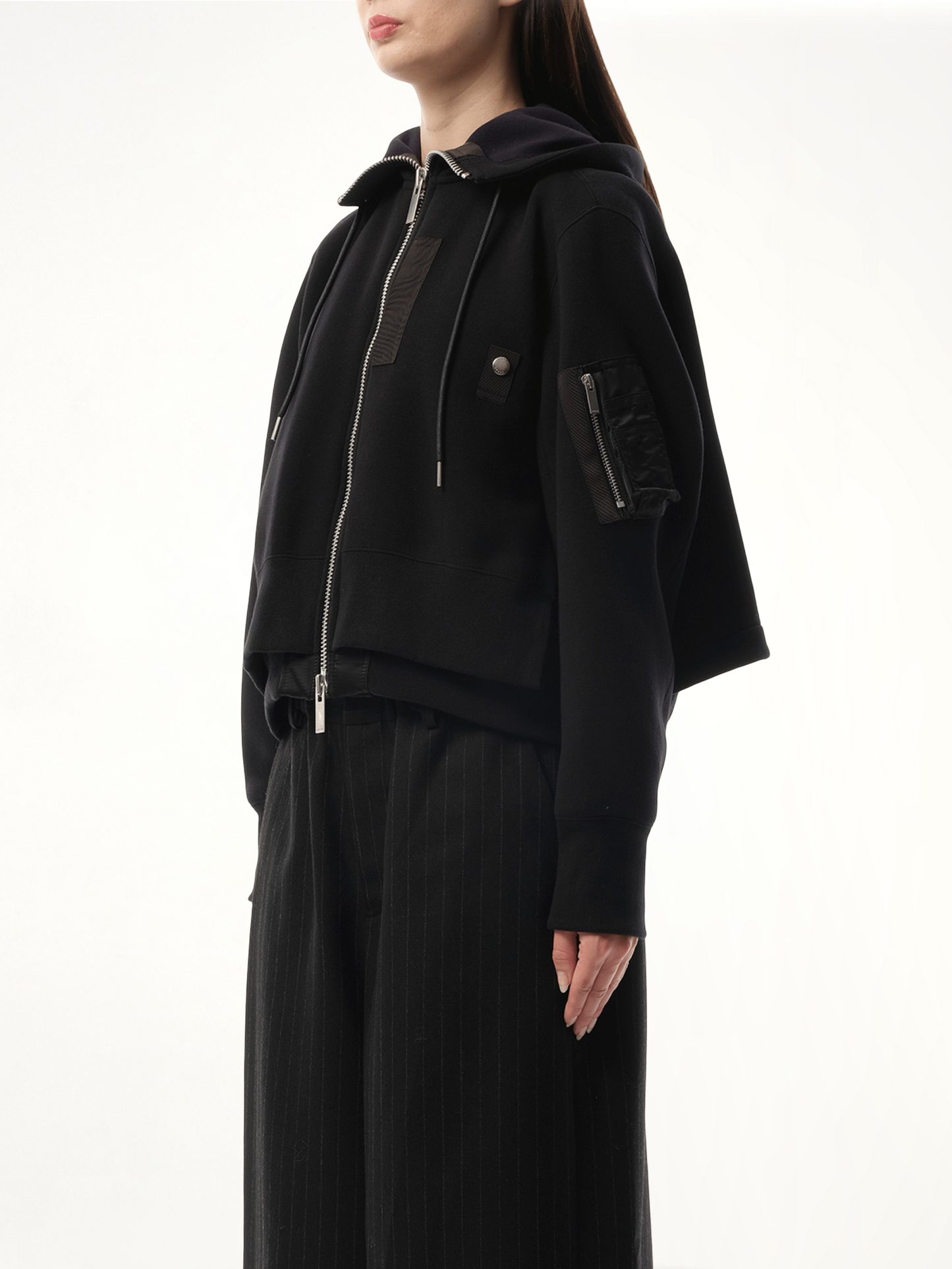 Sponge Sweat x Nylon Twill Zip Hoodie in Black