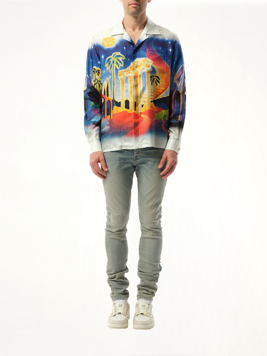 Long Sleeve Cuban Collar Shirt in Midnight Acropolis