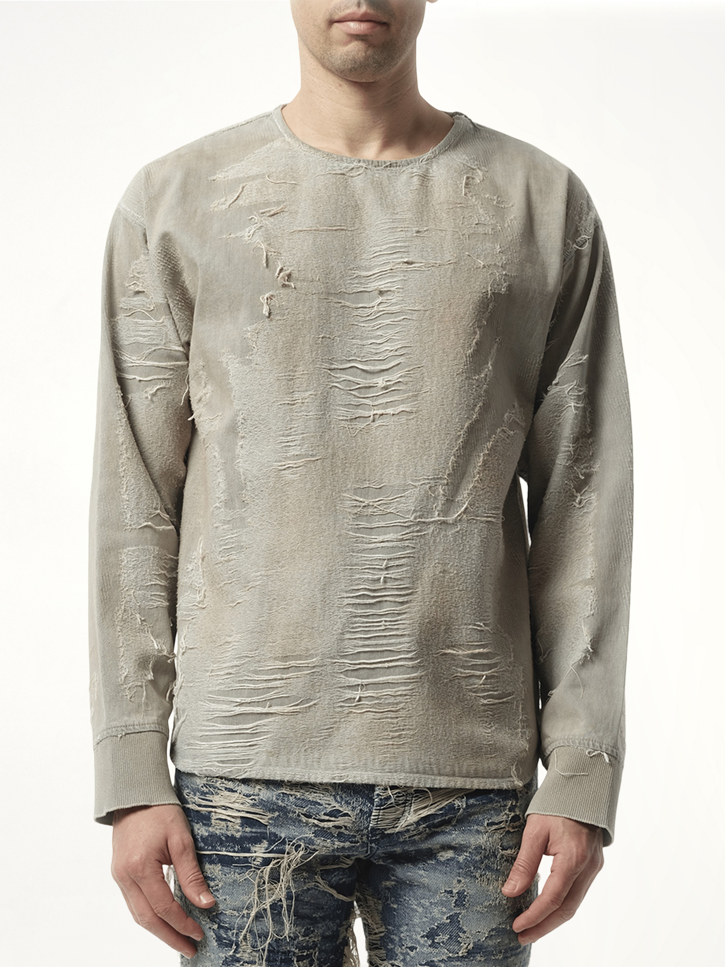 Distressed Effect Denim Sweater in Light Grey