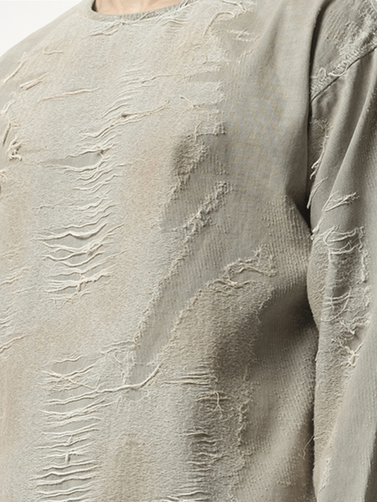 Distressed Effect Denim Sweater in Light Grey
