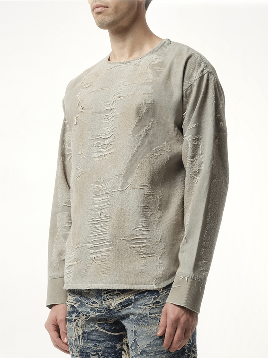 Distressed Effect Denim Sweater in Light Grey