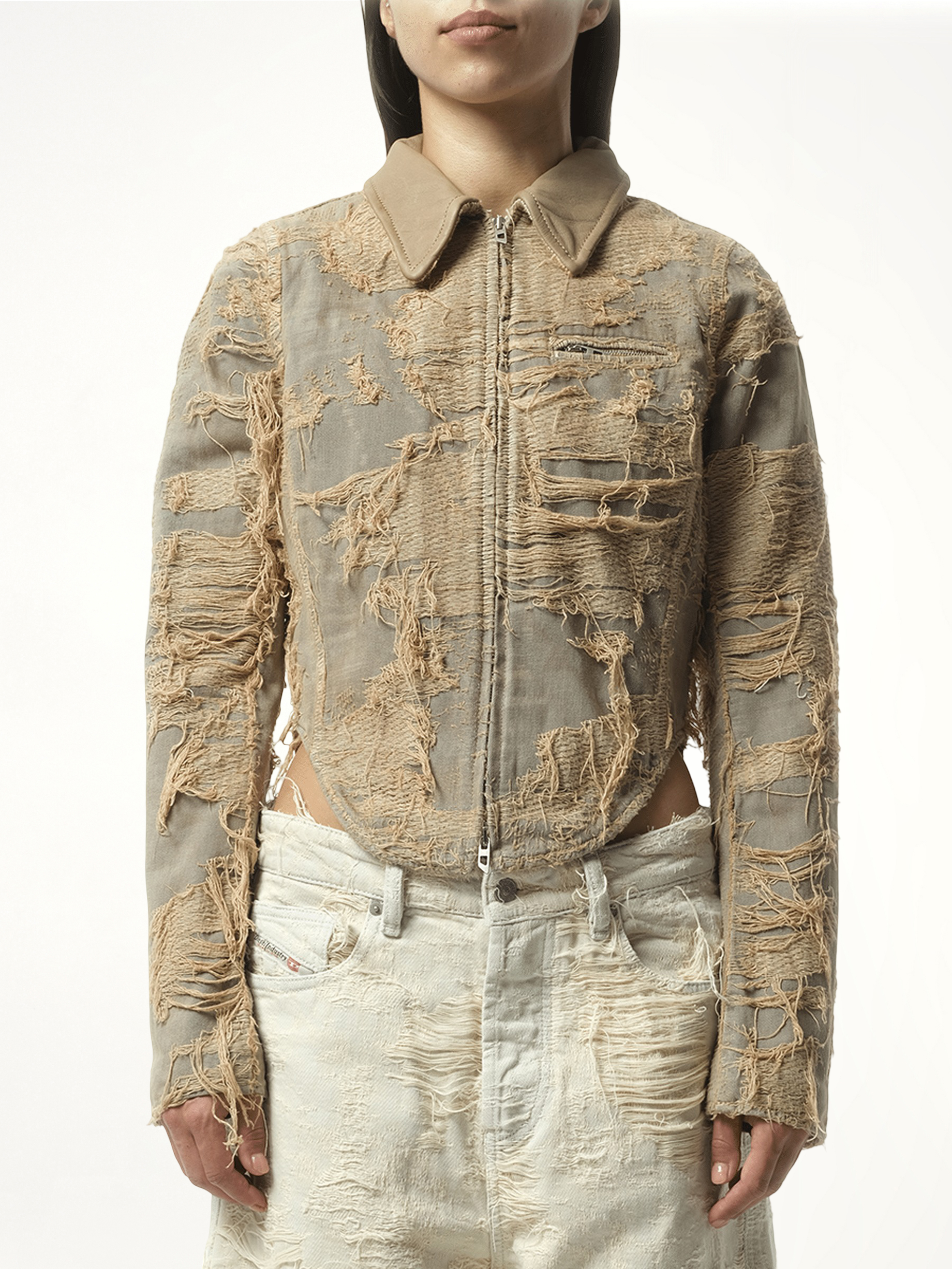 Distressed Effect Denim Jacket in Beige