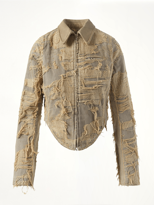 Distressed Effect Denim Jacket in Beige