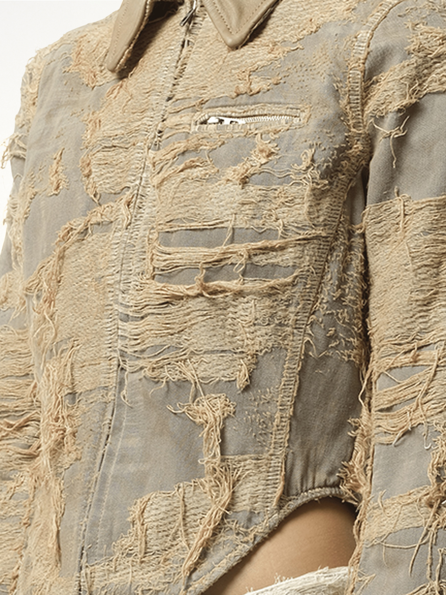 Distressed Effect Denim Jacket in Beige