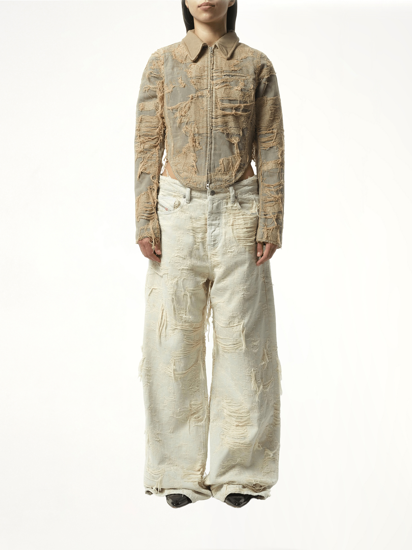 Distressed Effect Denim Jacket in Beige