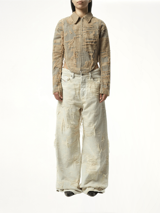 Distressed Effect Denim Jacket in Beige
