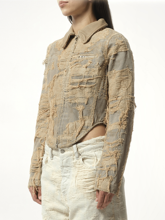 Distressed Effect Denim Jacket in Beige