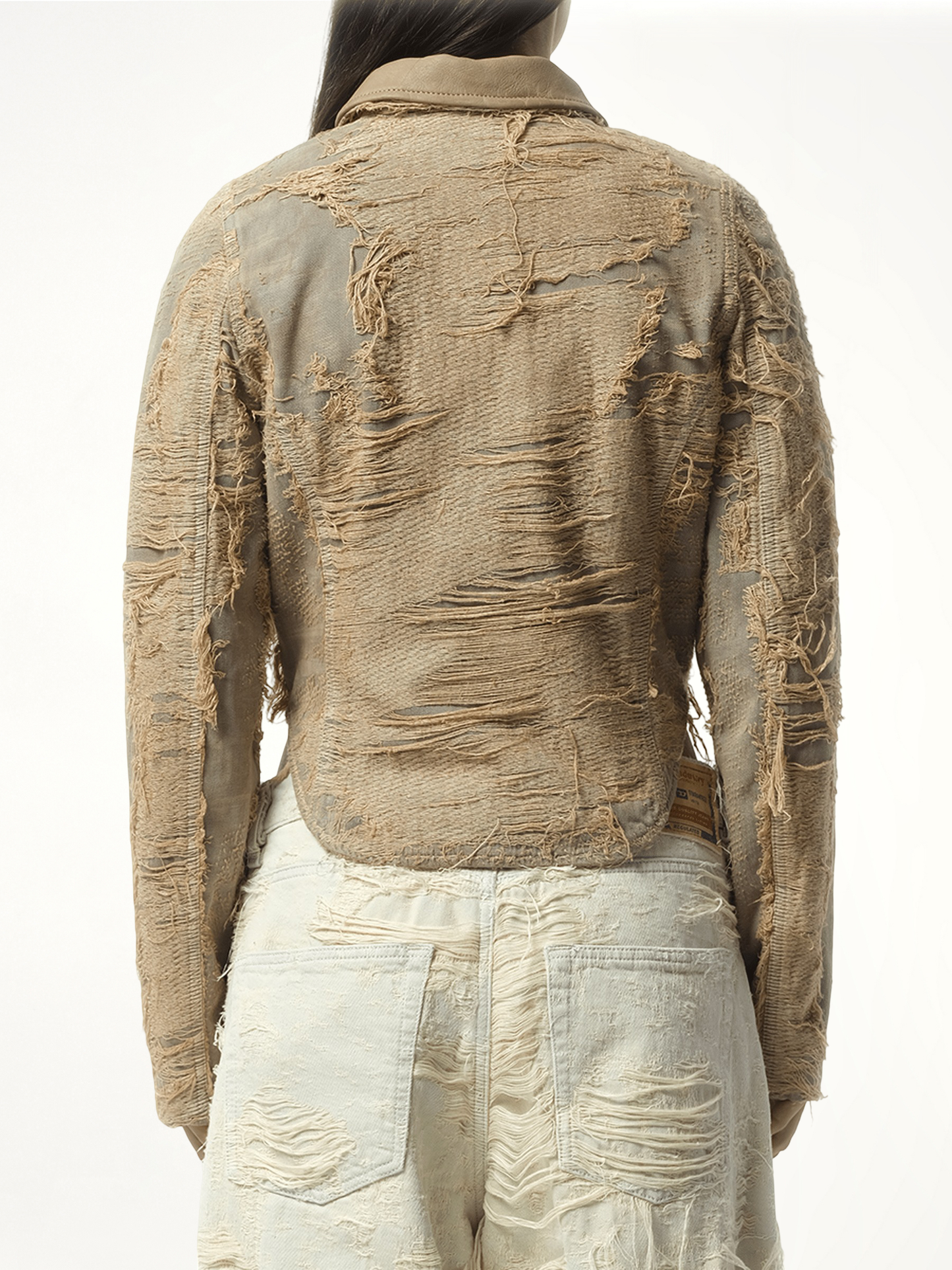 Distressed Effect Denim Jacket in Beige