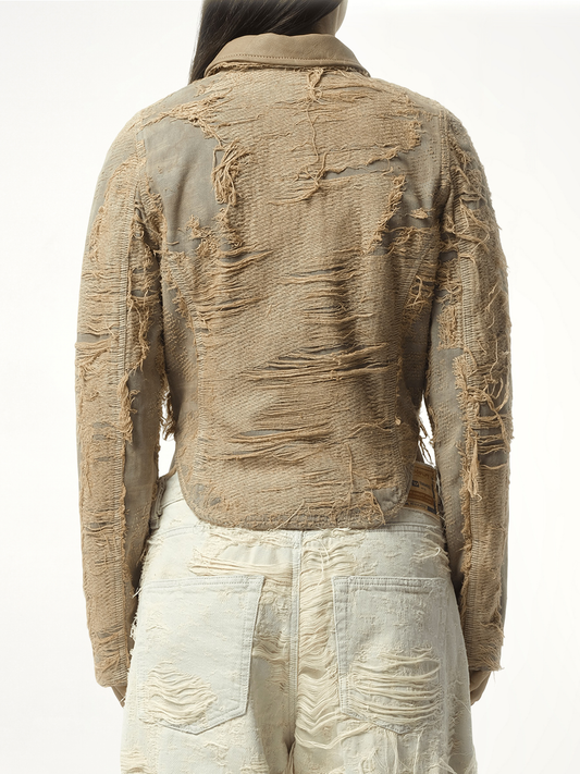 Distressed Effect Denim Jacket in Beige