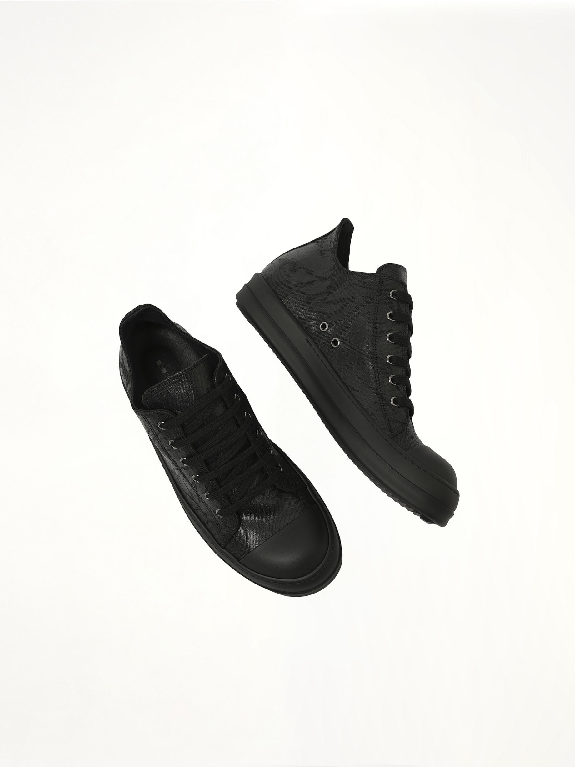 Mono Colour Low Sneaks in Black Top View | RICK OWENS DRKSHDW