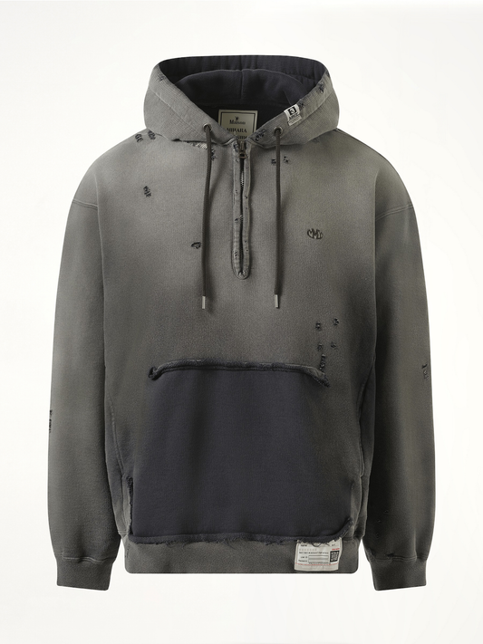 Sun Faded Half Zip Hoodie in Black