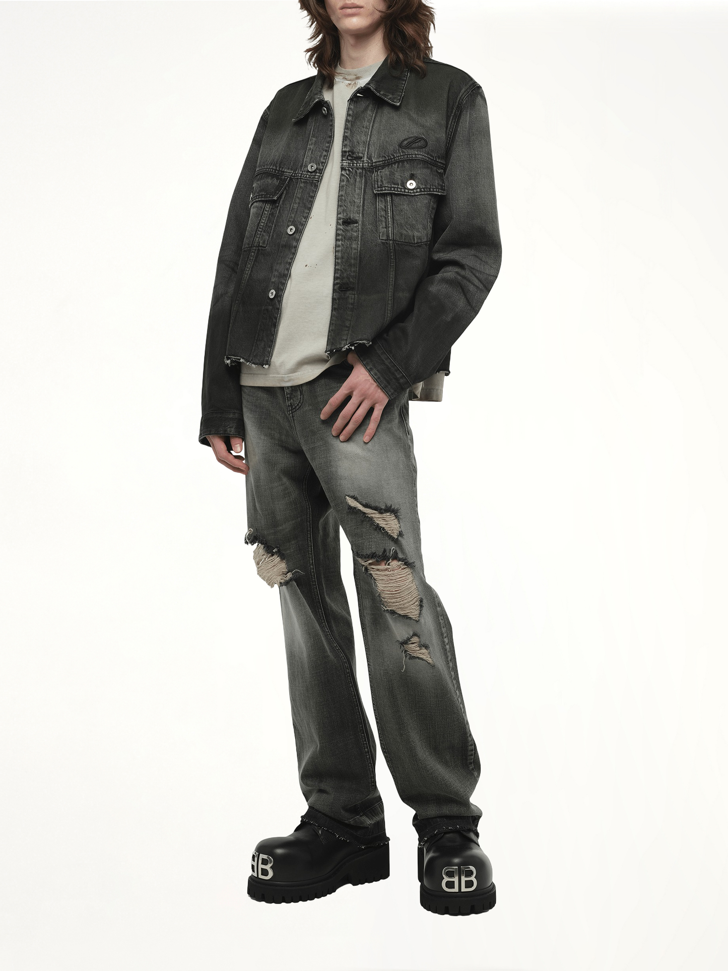 Dark-Spray Detail Denim Jacket in Black