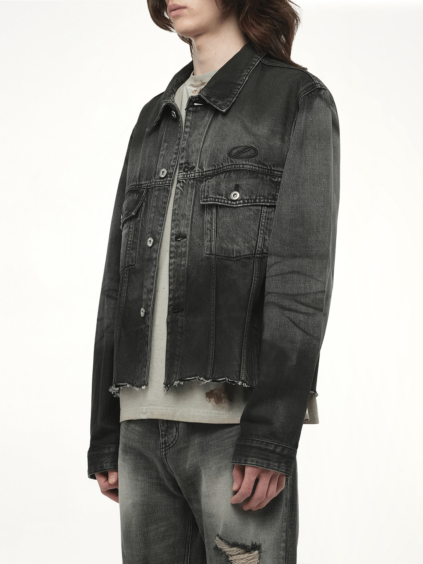 Dark-Spray Detail Denim Jacket in Black