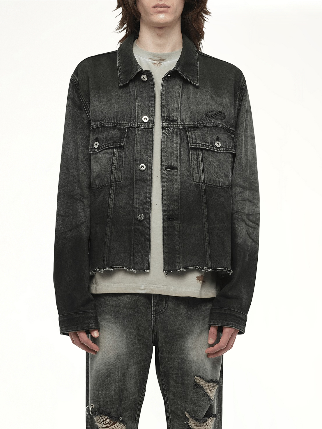 Dark-Spray Detail Denim Jacket in Black