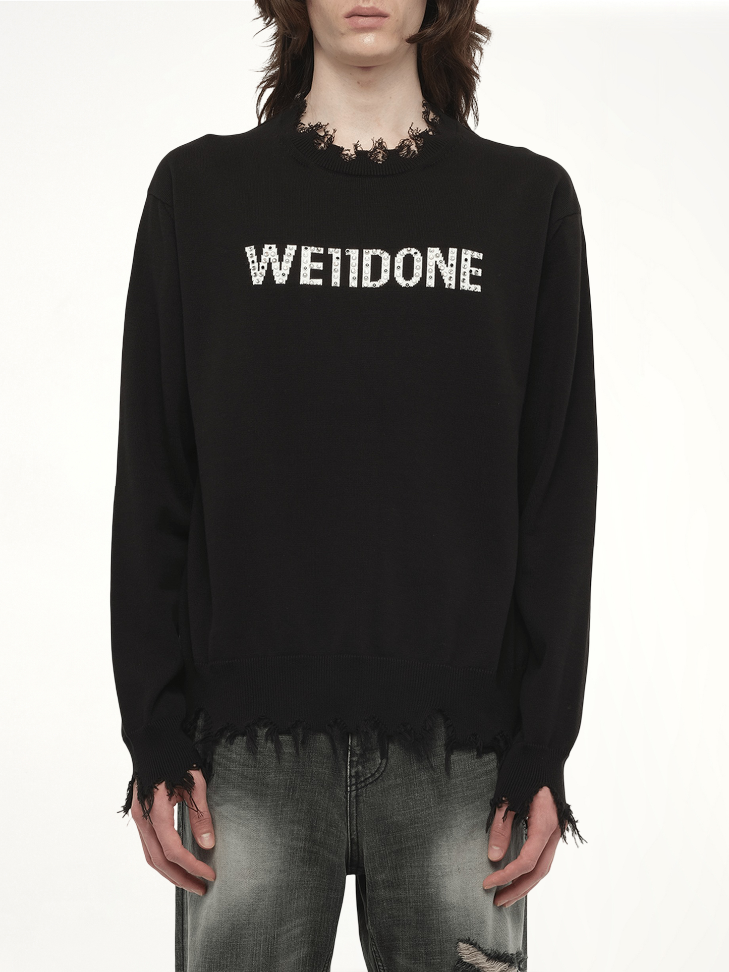 Grunge Rhinestone Logo Sweater in Black