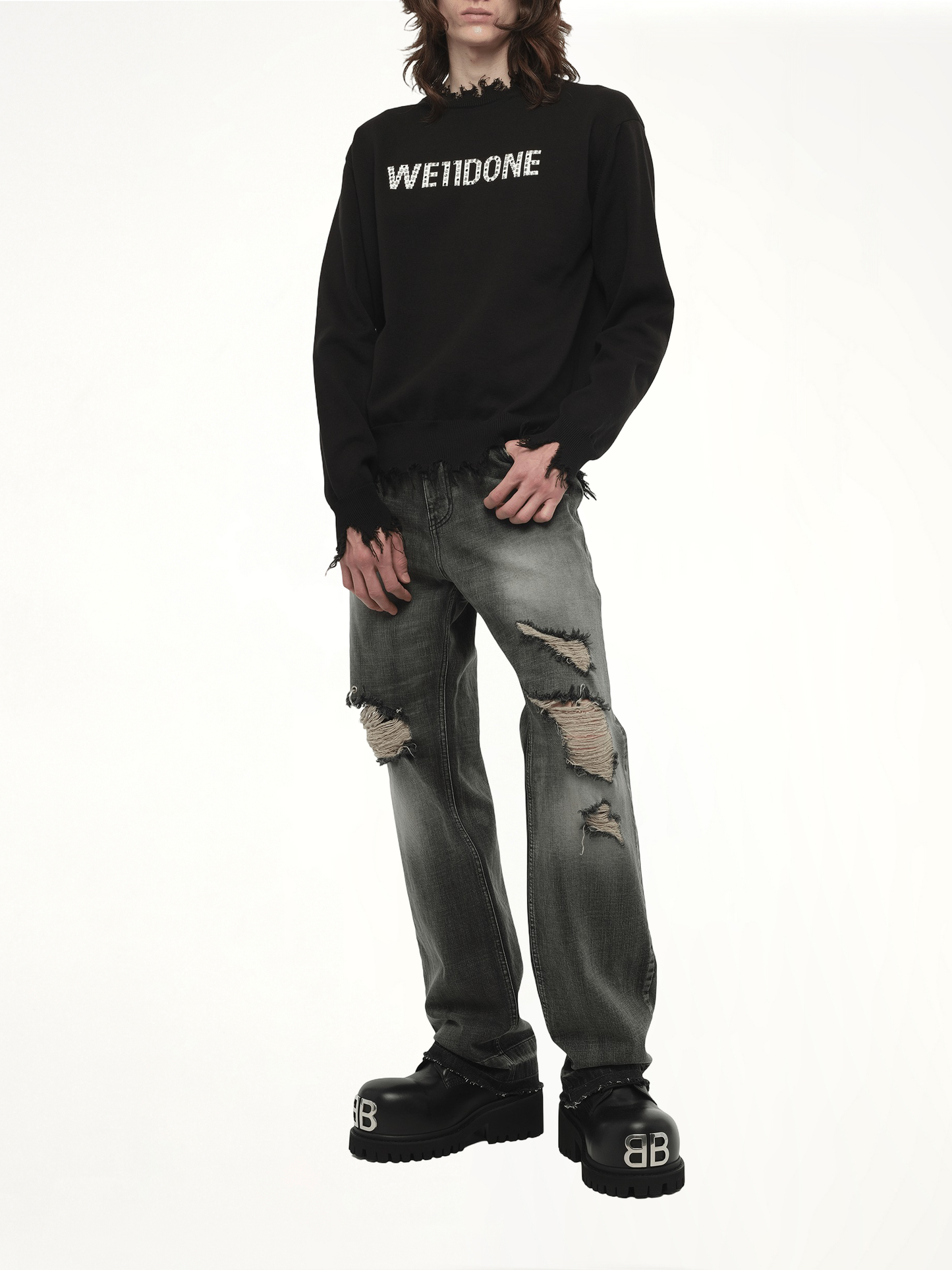 Grunge Rhinestone Logo Sweater in Black