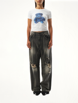 Studded Bear Cropped T-Shirt in White