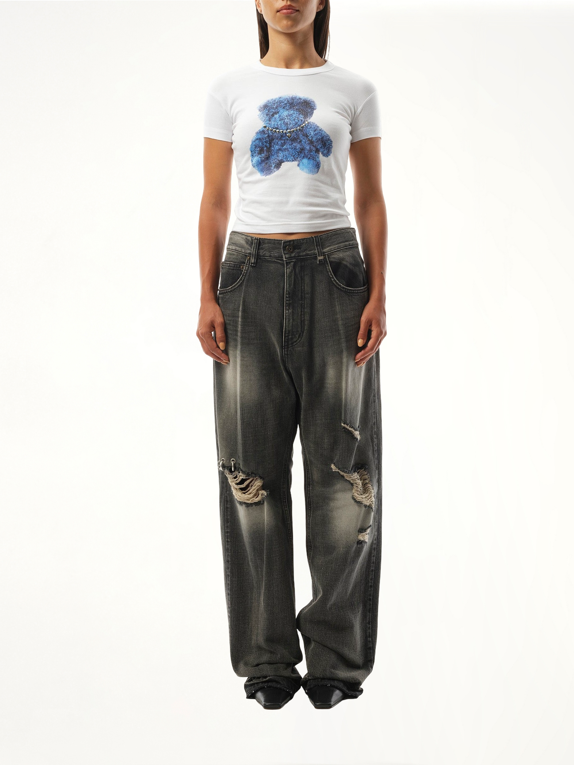 Studded Bear Cropped T-Shirt in White