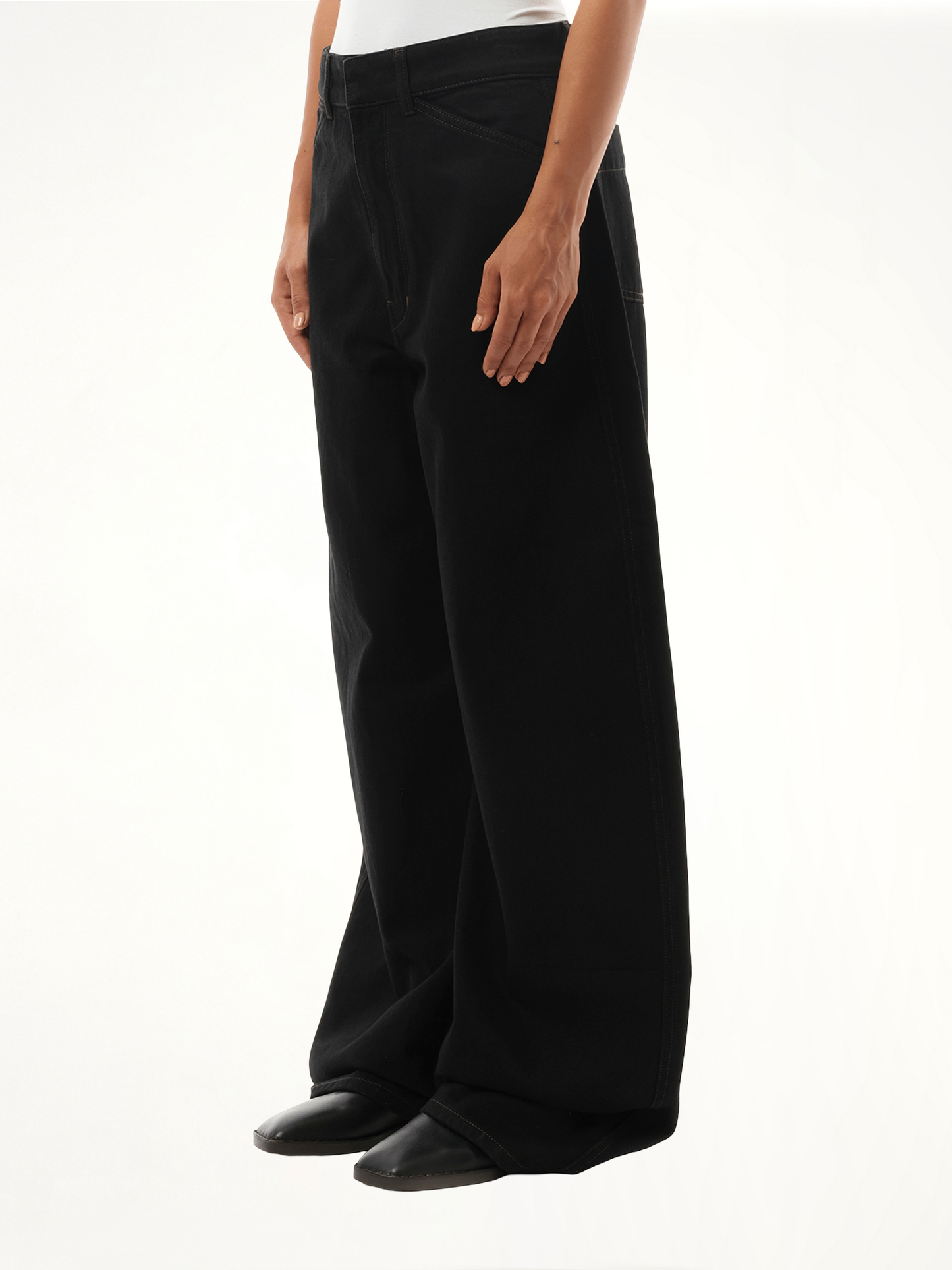 High Waisted Curved Denim Pants in Black