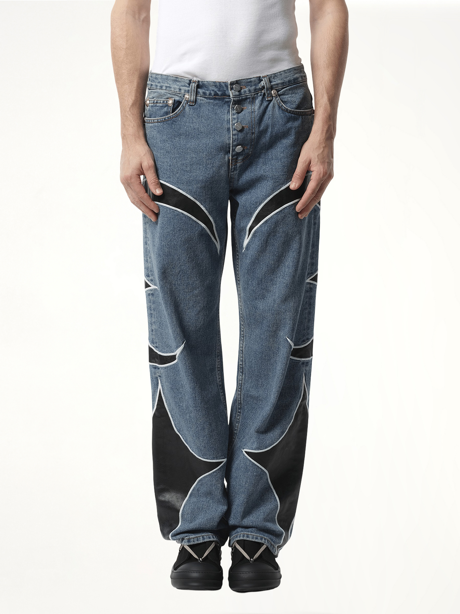 TC Leather Washing Denim Pants in Blue/Black