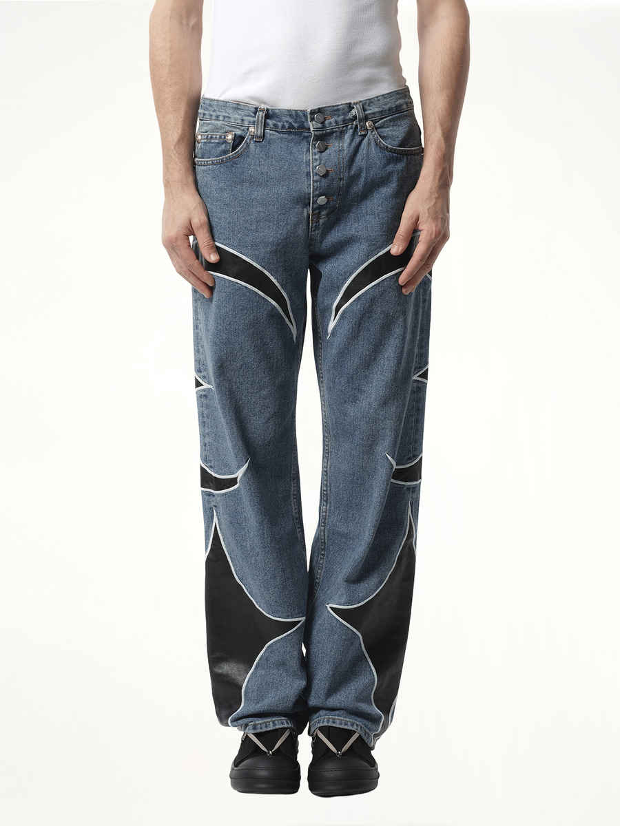 TC Leather Washing Denim Pants in Blue/Black