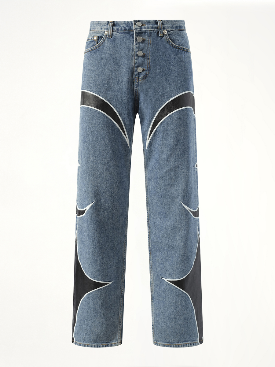 TC Leather Washing Denim Pants in Blue/Black