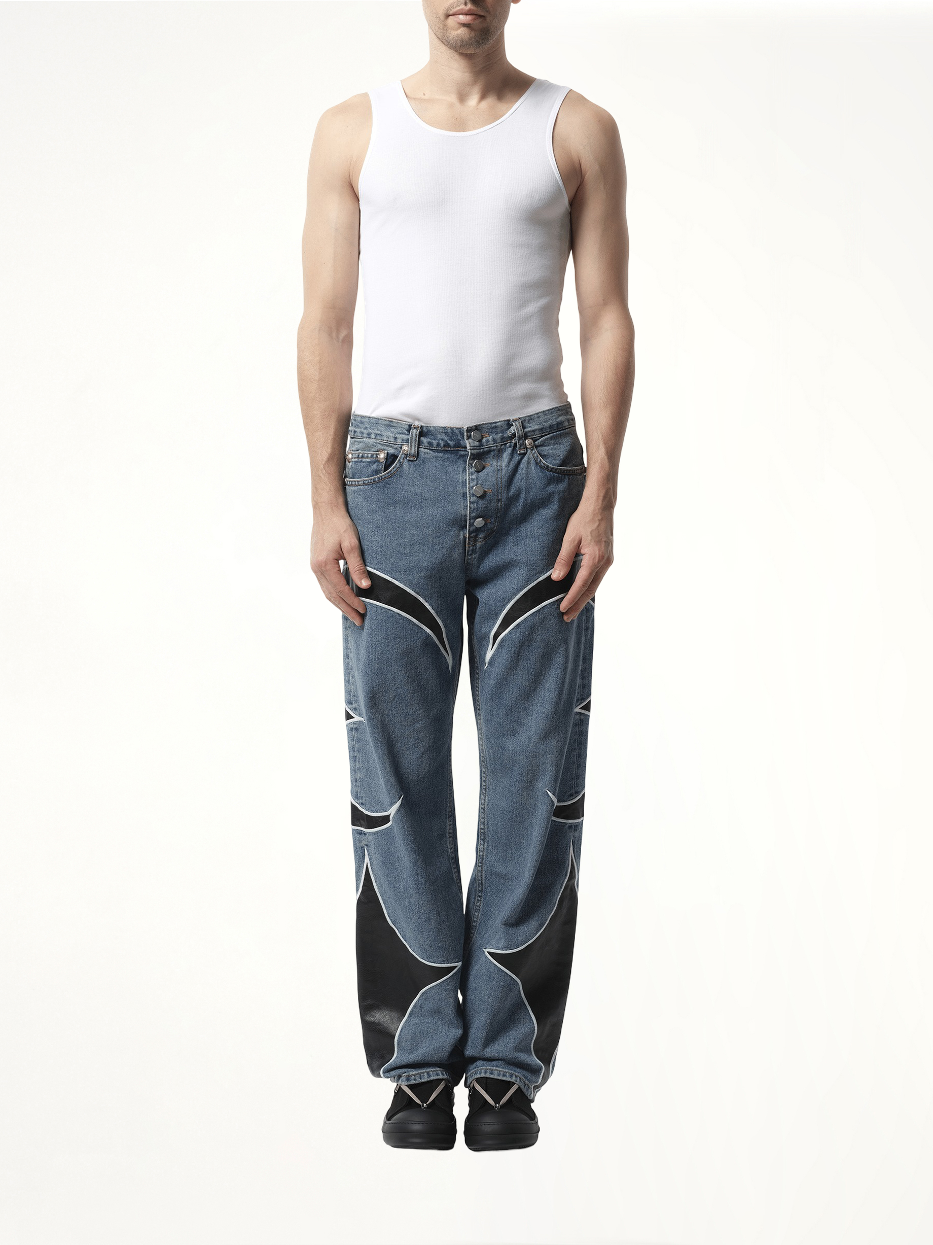 TC Leather Washing Denim Pants in Blue/Black