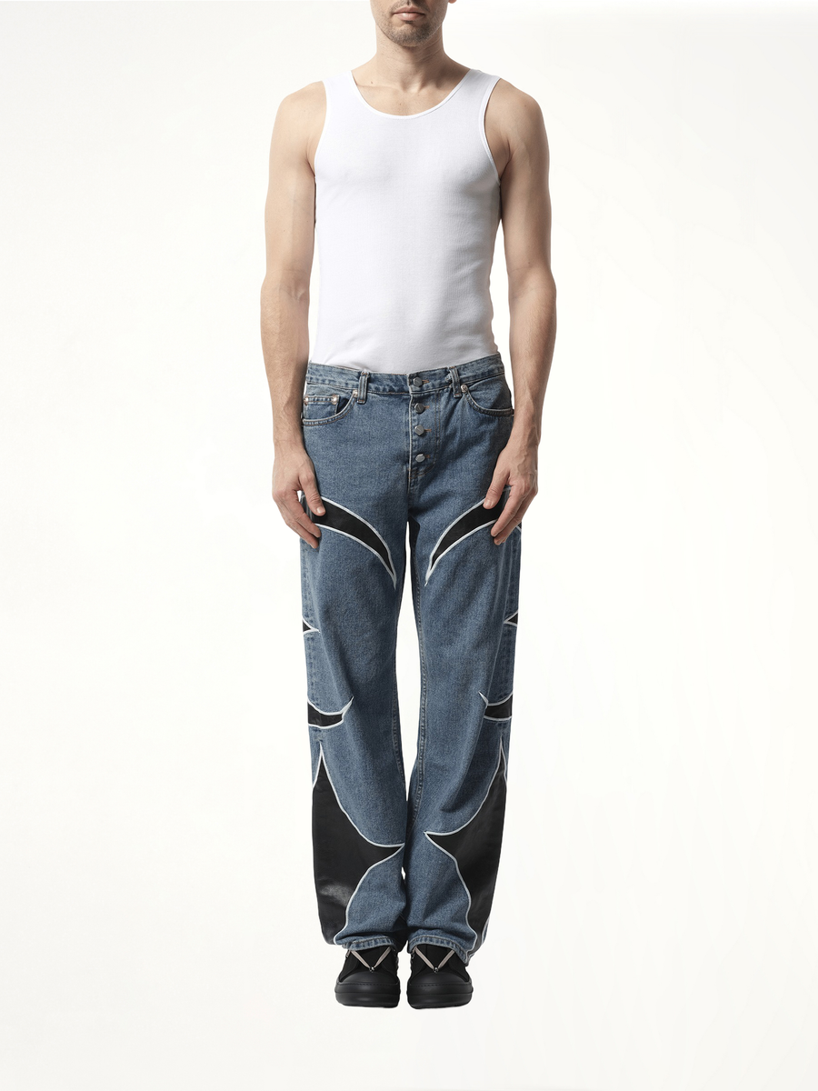 TC Leather Washing Denim Pants in Blue/Black