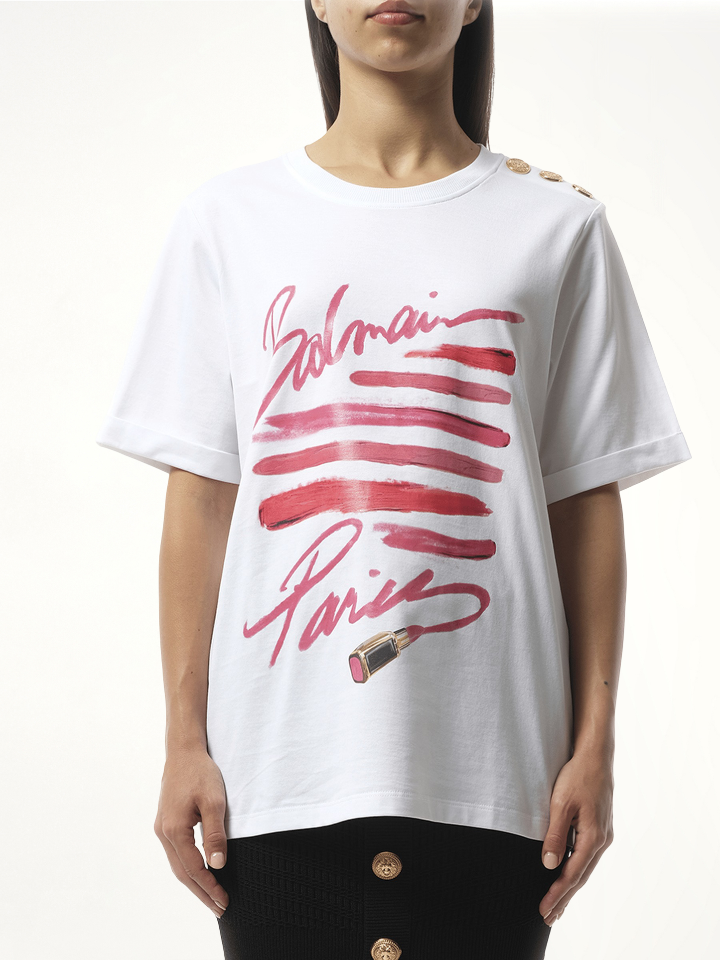 3 Btn Balmain Lipstick Print T-Shirt in White