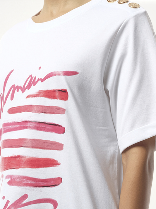 3 Btn Balmain Lipstick Print T-Shirt in White