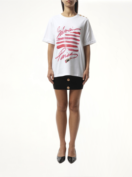 3 Btn Balmain Lipstick Print T-Shirt in White