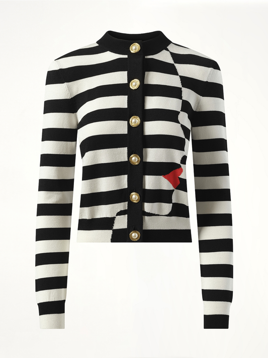 Buttoned Face Mariniere Knit Cardigan in Black/White