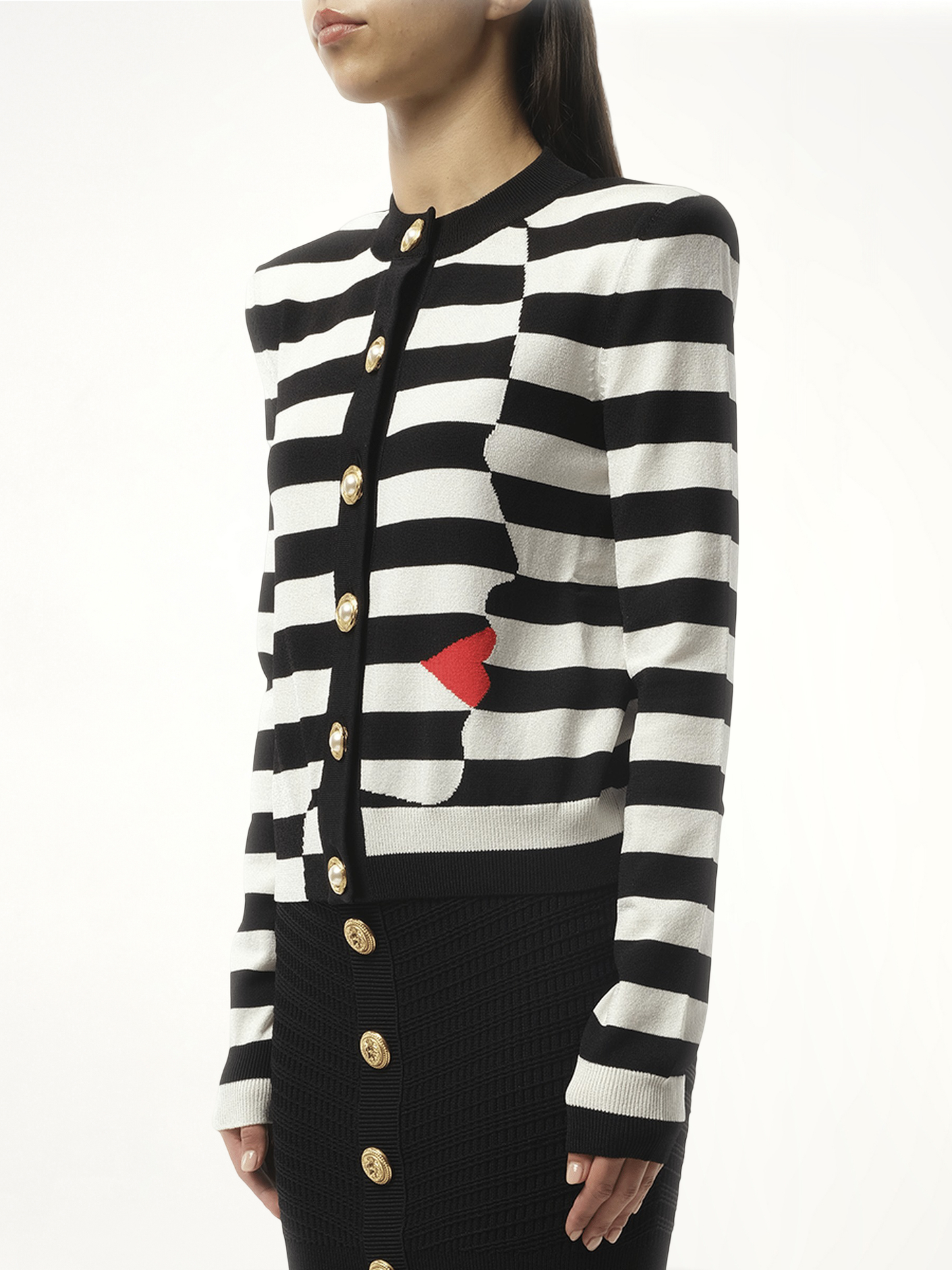 Buttoned Face Mariniere Knit Cardigan in Black/White