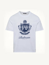 College Emblem Print T-Shirt in White/Blue