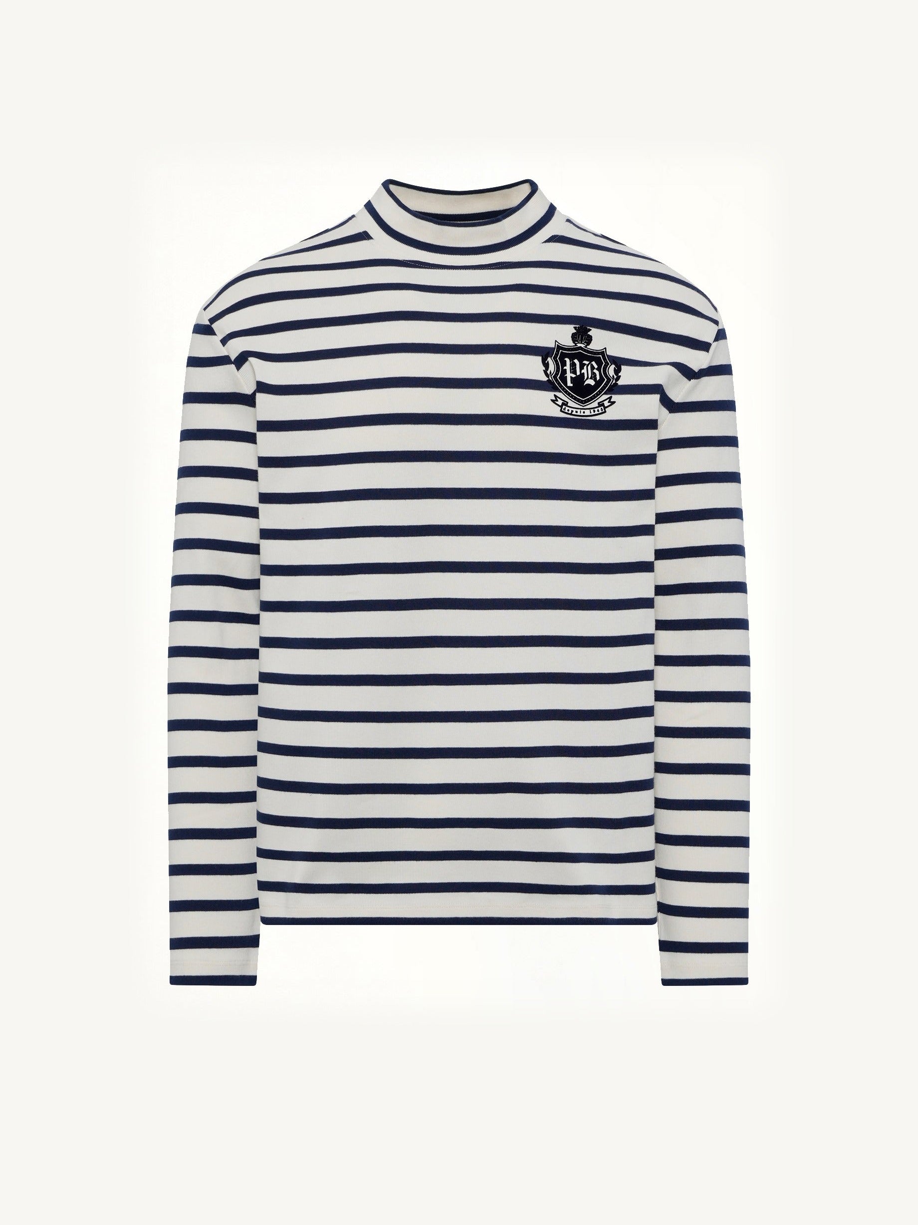 Emblem Flock Highneck LS T-Shirt in Beige/Blue