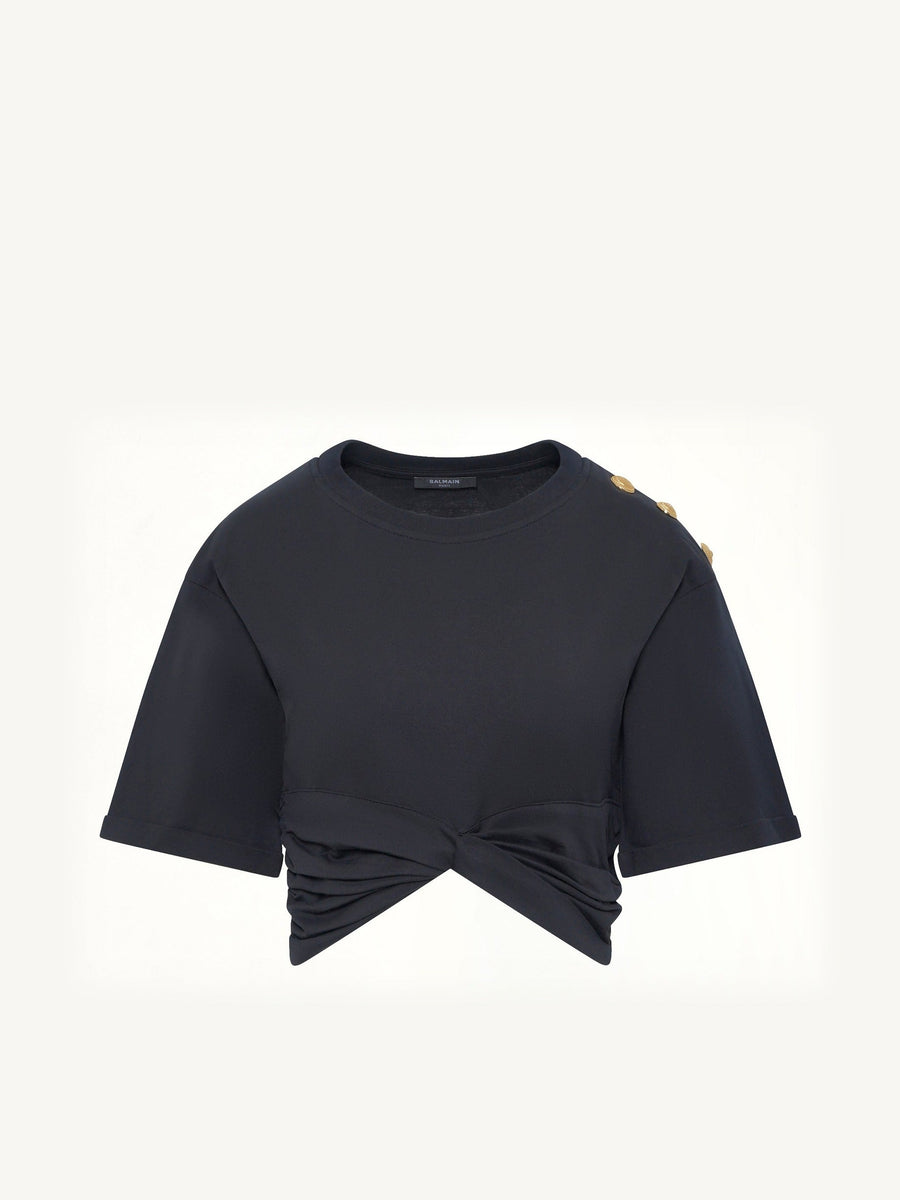 Cropped Knotted T-Shirt in Black/Beige