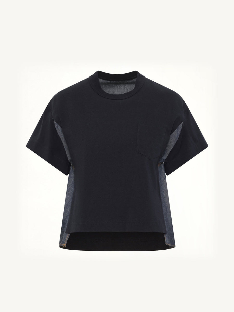 Light Weight Denim x Poplin Jersey T-Shirt in Navy/Blue