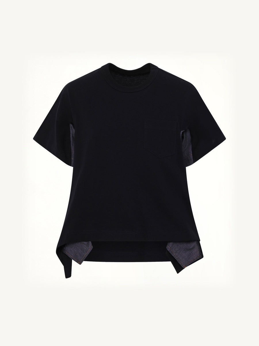 Light Weight Denim x Cotton Jersey T-Shirt in Navy/Blue