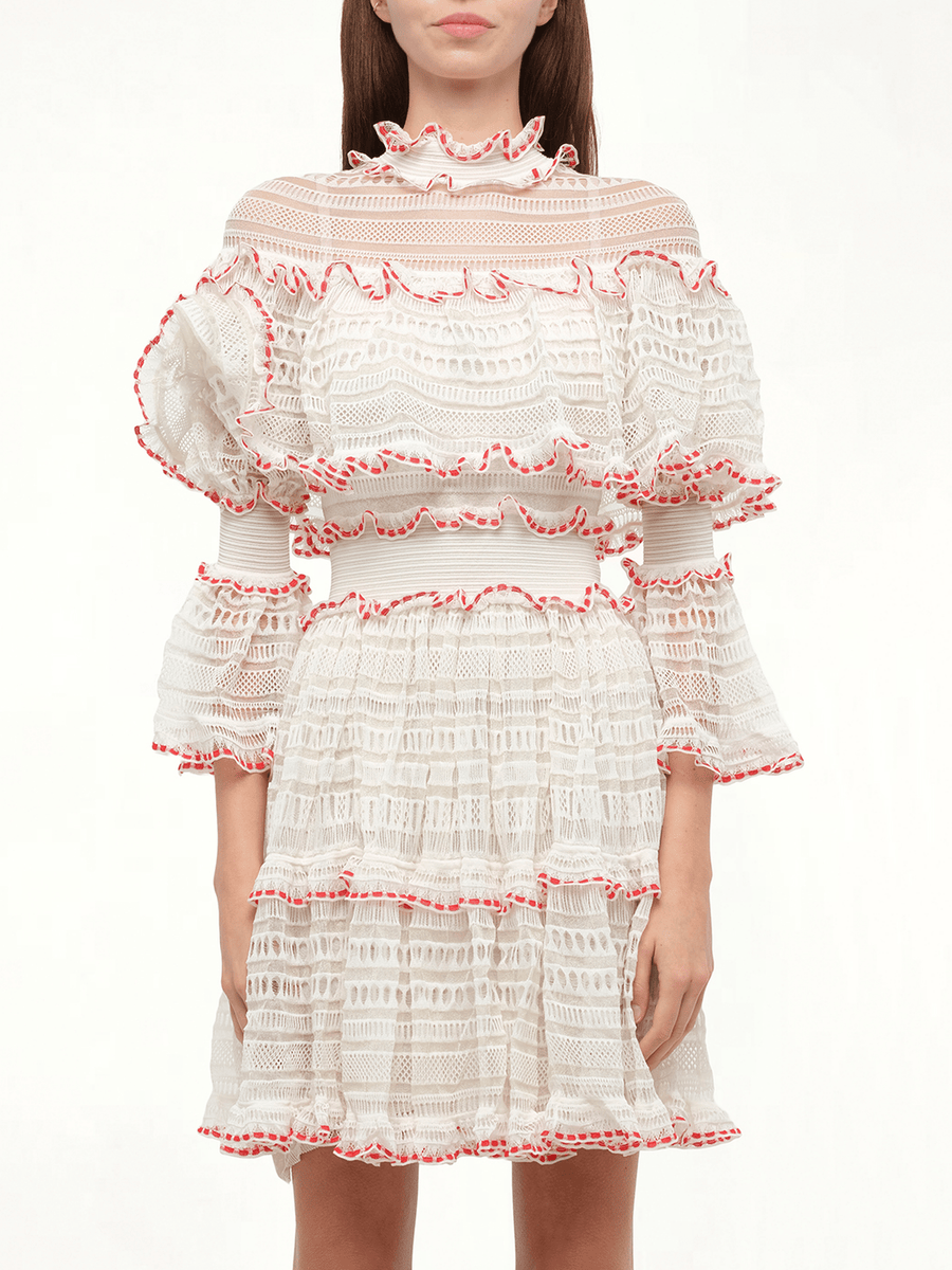AMQ - Volume Lace Mini Dress in White/Pink