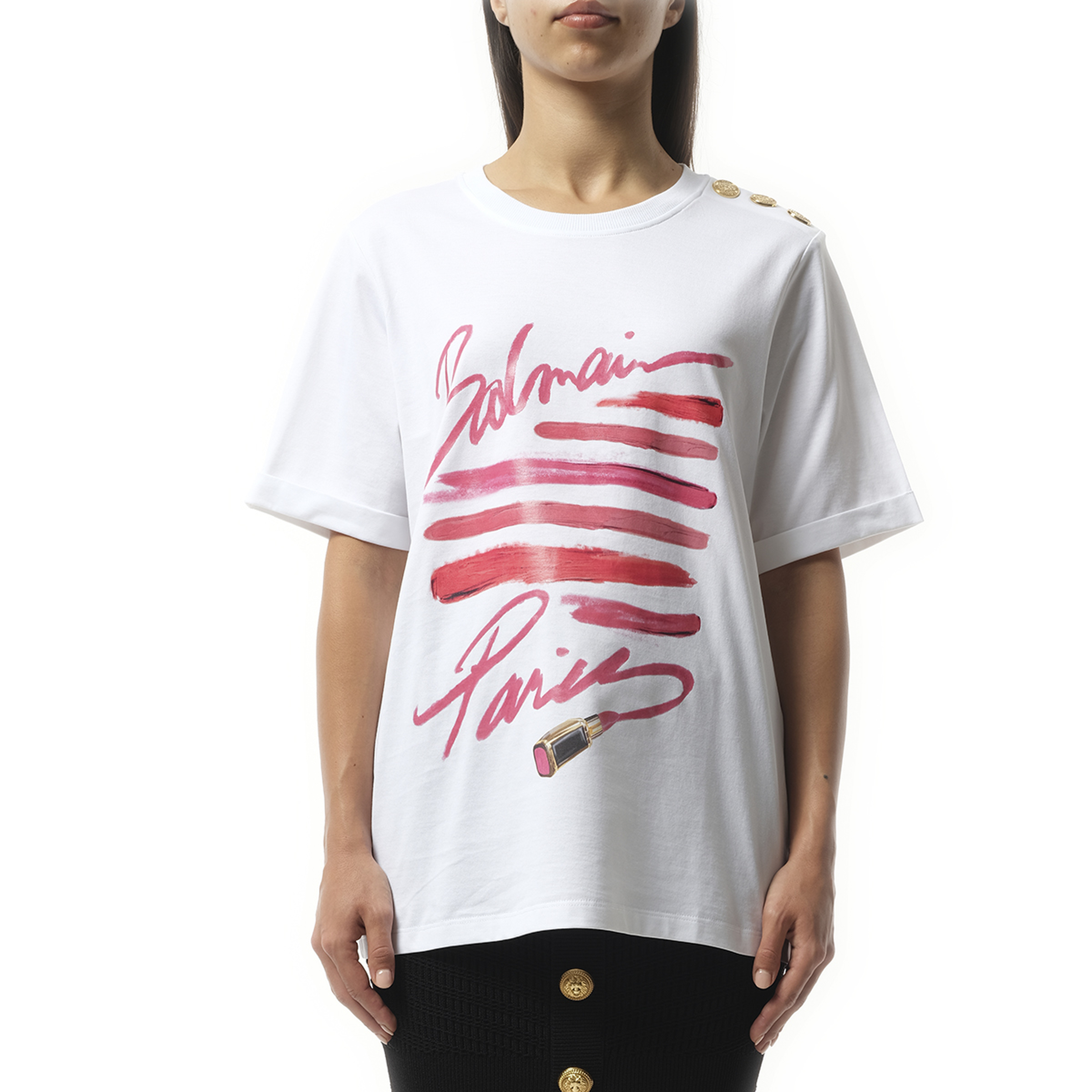 3 Btn Balmain Lipstick Print T-Shirt in White