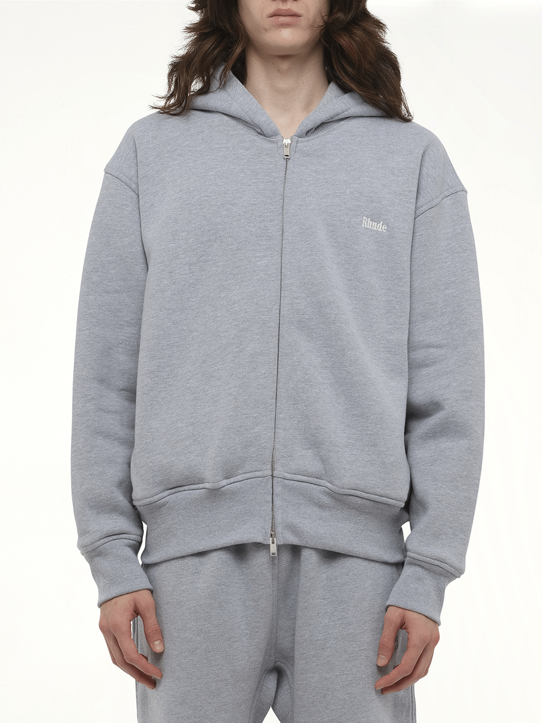 Rhude Classique Full-Zip Hoodie in Heather Gray