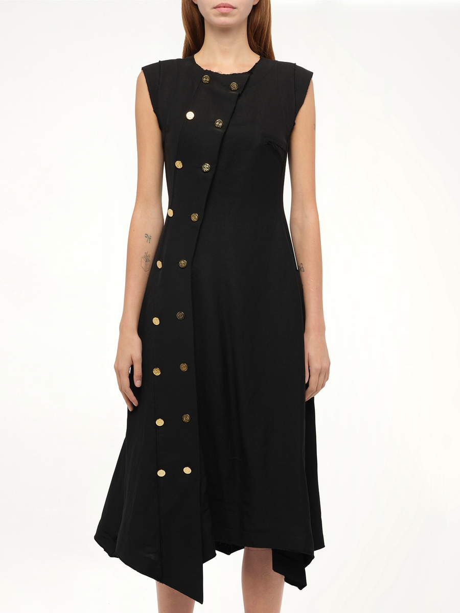 Gold Button Sleeveless Dress in Black