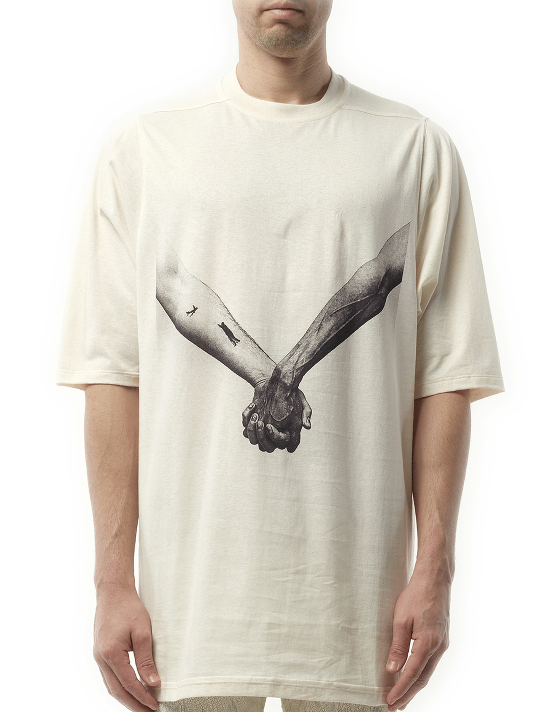 Rick Owens Jumbo SS "Holding Hands" T-Shirt in Natural/Black