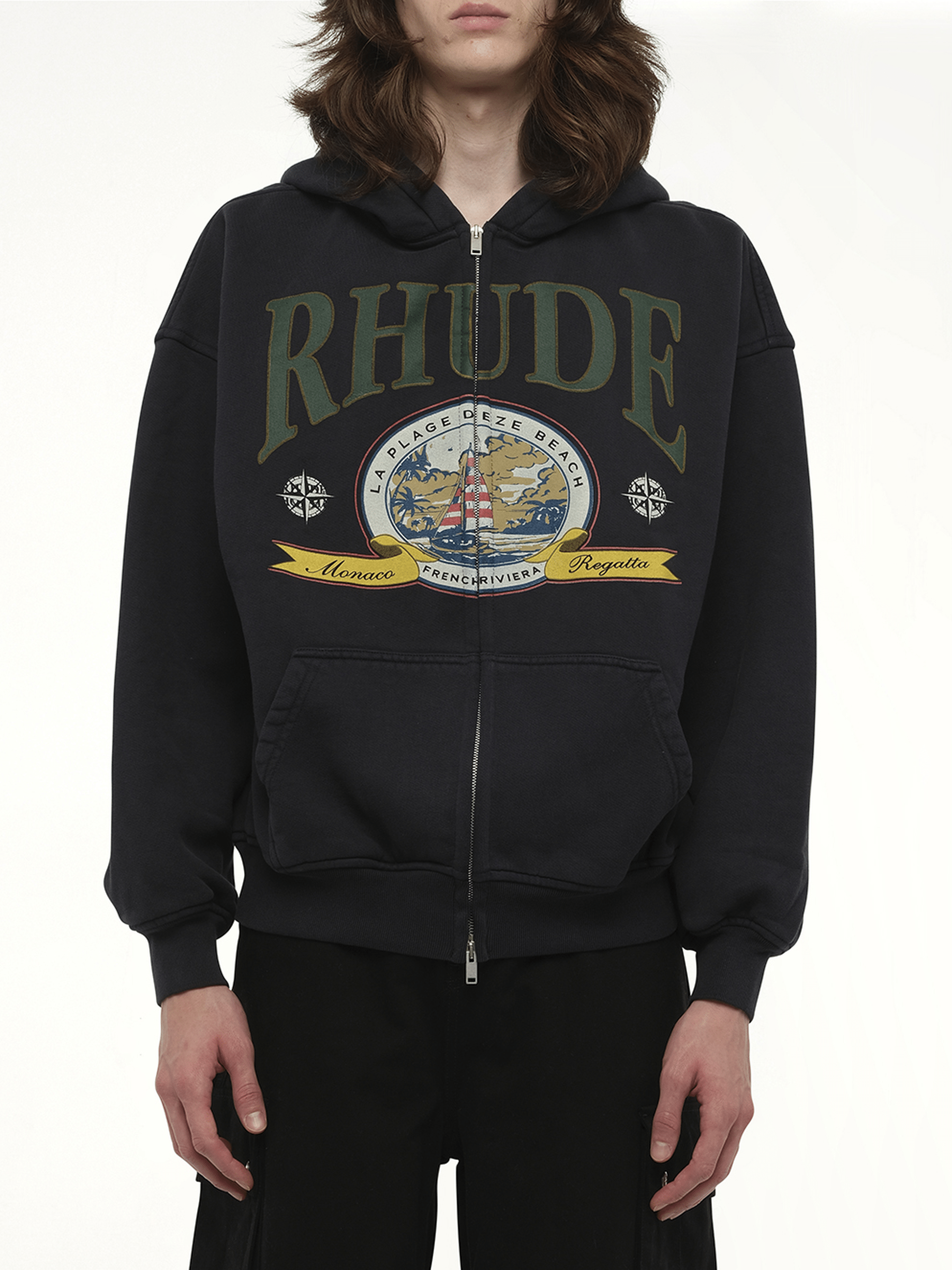 Rhude Monaco Regatta Full-Zip Hoodie in Vintage Black
