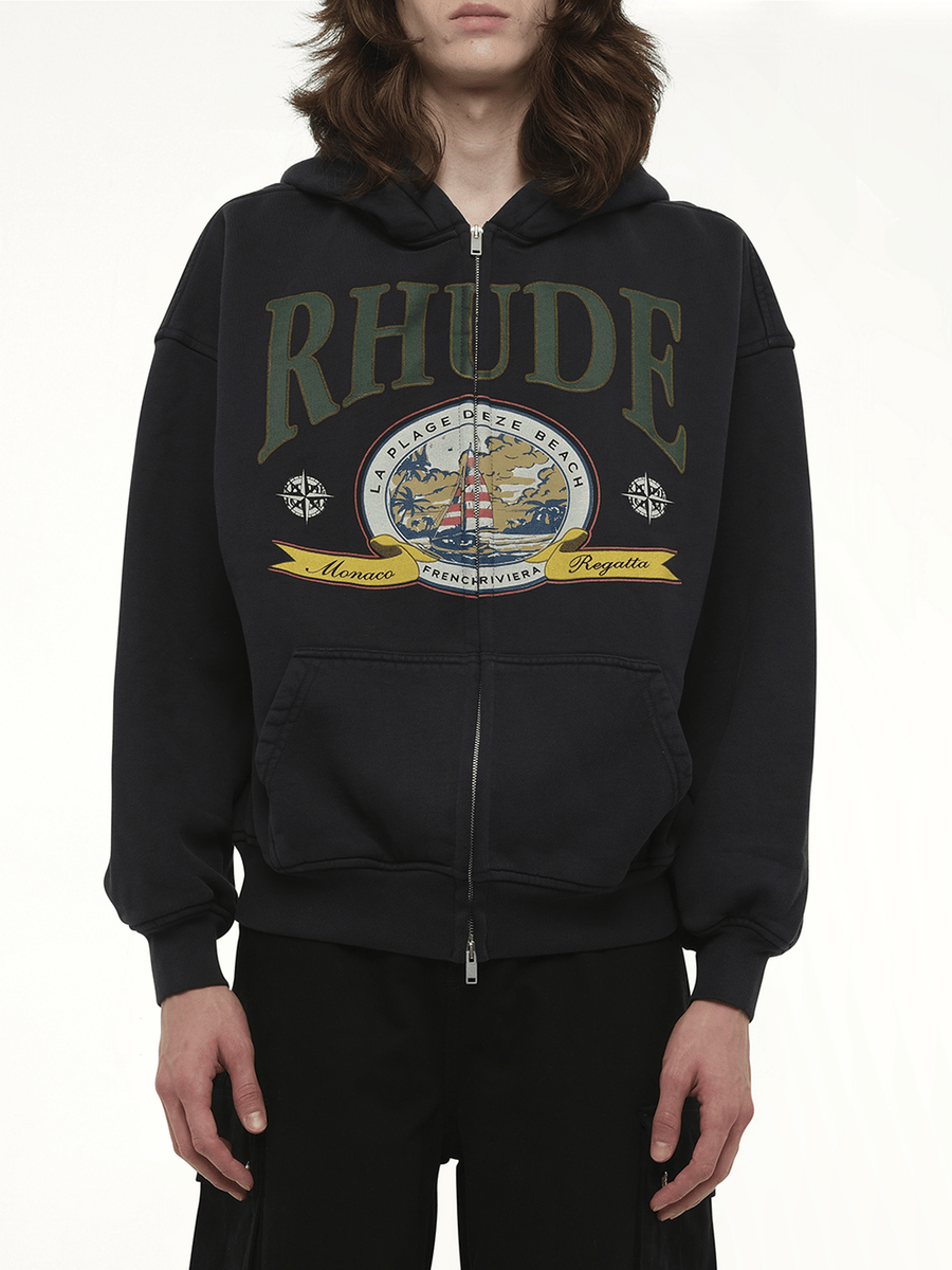 Rhude Monaco Regatta Full-Zip Hoodie in Vintage Black