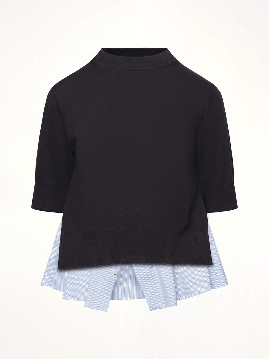 Poplin x Knit Pullover in Navy/Light Blue Stripe