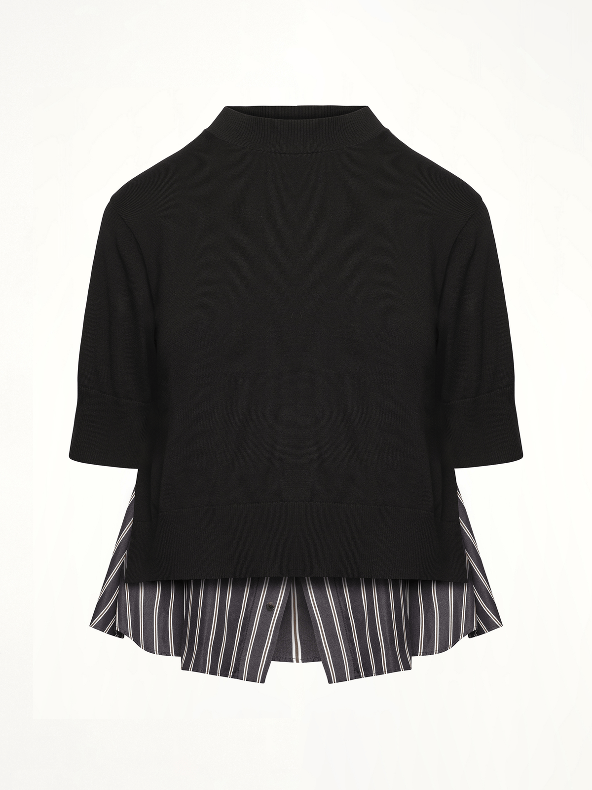 Poplin x Knit Pullover in Black/Dark Navy Stripe